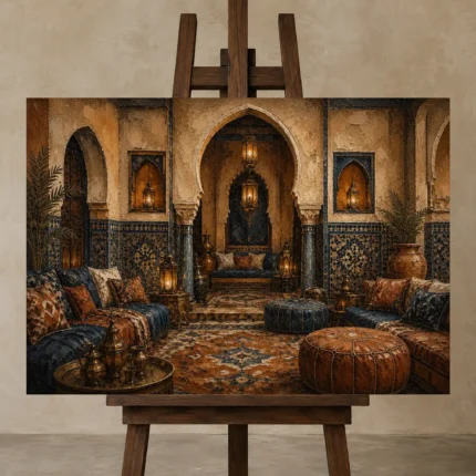 Indigo, Sand & Bronze Majlis Moroccan Wall Art Canvas Print displayed on a studio easel