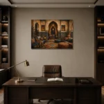 Indigo, Sand & Bronze Majlis Moroccan Wall Art Canvas Print displayed in a contemporary gallery-inspired room