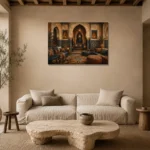Indigo, Sand & Bronze Majlis Moroccan Wall Art Canvas Print presented in a sophisticated home setting