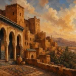 Terracotta, Clay & Faded Indigo Kasbah Moroccan Wall Art Canvas Print