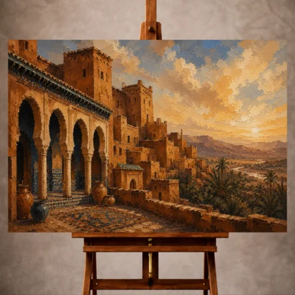Terracotta, clay and faded indigo Moroccan Wall Art print for elegant interiors. No text or watermarks in design.