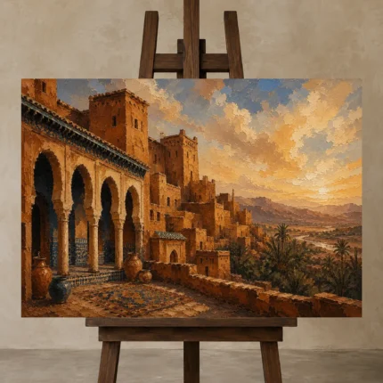 Terracotta, Clay & Faded Indigo Kasbah Moroccan Wall Art Canvas Print displayed on a studio easel