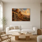 Terracotta, Clay & Faded Indigo Kasbah Moroccan Wall Art Canvas Print styled in a refined neutral interior