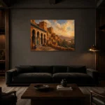 Terracotta, Clay & Faded Indigo Kasbah Moroccan Wall Art Canvas Print shown in a warm modern interior