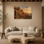 Terracotta, Clay & Faded Indigo Kasbah Moroccan Wall Art Canvas Print presented in a sophisticated home setting