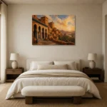 Terracotta, Clay & Faded Indigo Kasbah Moroccan Wall Art Canvas Print showcased in an elegant minimalist interior