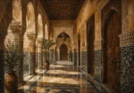 Sand, Indigo & Muted Gold Moroccan Arcade Wall Art Canvas Print
