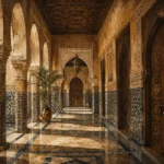 Sand, Indigo & Muted Gold Moroccan Arcade Wall Art Canvas Print