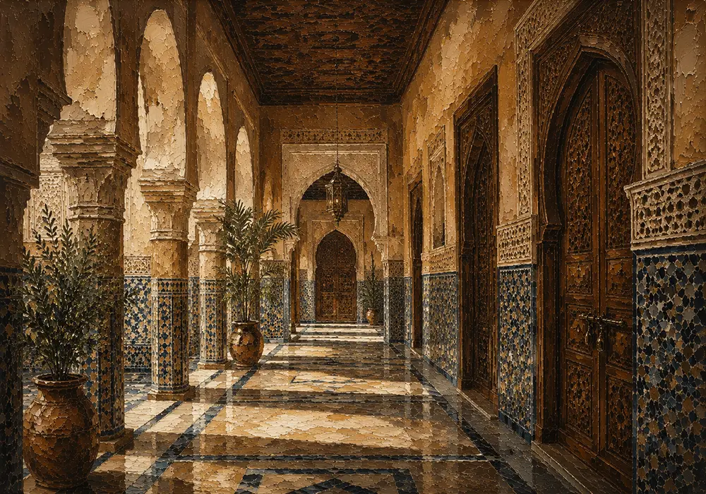 Sand, Indigo & Muted Gold Moroccan Arcade Wall Art Canvas Print