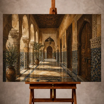 Sand, indigo and muted gold Moroccan Wall Art print for elegant interiors. No text or watermarks in design.