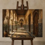Sand, Indigo & Muted Gold Moroccan Arcade Wall Art Canvas Print displayed on a studio easel