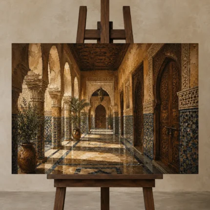 Sand, Indigo & Muted Gold Moroccan Arcade Wall Art Canvas Print displayed on a studio easel
