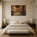 Sand, Indigo & Muted Gold Moroccan Arcade Wall Art Canvas Print showcased in an elegant minimalist interior