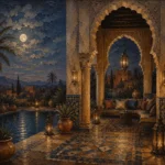 Deep Indigo, Sand & Copper Moroccan Pavilion Wall Art Canvas Print