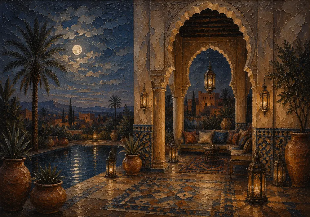 Deep Indigo, Sand & Copper Moroccan Pavilion Wall Art Canvas Print