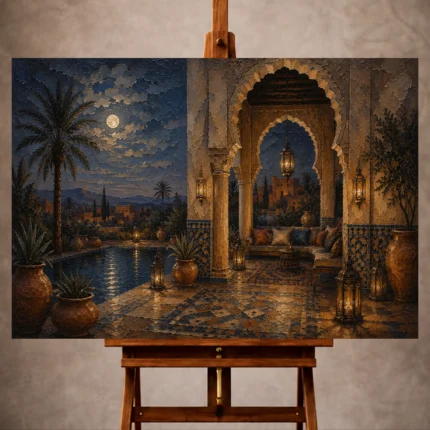 Deep indigo, sand and copper Moroccan Wall Art print for elegant interiors. No text or watermarks in design.