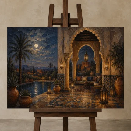 Deep Indigo, Sand & Copper Moroccan Pavilion Wall Art Canvas Print shown in Studio Easel