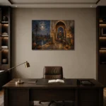 Deep Indigo, Sand & Copper Moroccan Pavilion Wall Art Canvas Print displayed in a contemporary gallery-inspired room