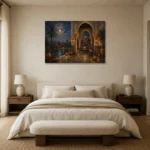 Deep Indigo, Sand & Copper Moroccan Pavilion Wall Art Canvas Print showcased in an elegant minimalist interior