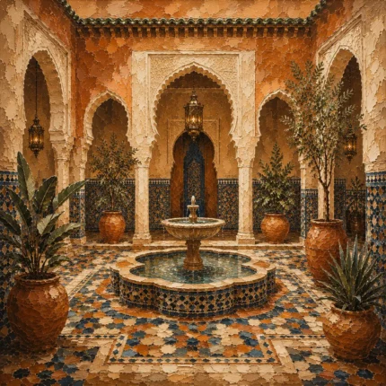 Terracotta, Sand & Indigo Moroccan Fountain Wall Art Canvas Print