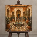 Terracotta, Sand & Indigo Moroccan Fountain Wall Art Canvas Print displayed on a studio easel
