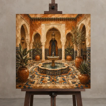 Terracotta, Sand & Indigo Moroccan Fountain Wall Art Canvas Print displayed on a studio easel