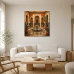 Terracotta, Sand & Indigo Moroccan Fountain Wall Art Canvas Print styled in a refined neutral interior