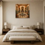Terracotta, Sand & Indigo Moroccan Fountain Wall Art Canvas Print showcased in an elegant minimalist interior