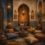 Indigo, Sand & Bronze Moroccan Salon Wall Art Canvas Print