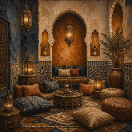 Indigo, Sand & Bronze Moroccan Salon Wall Art Canvas Print