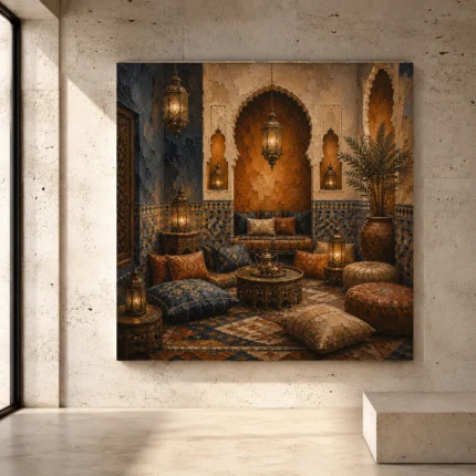 Indigo, sand and bronze Moroccan Wall Art print for elegant interiors. No text or watermarks in design.