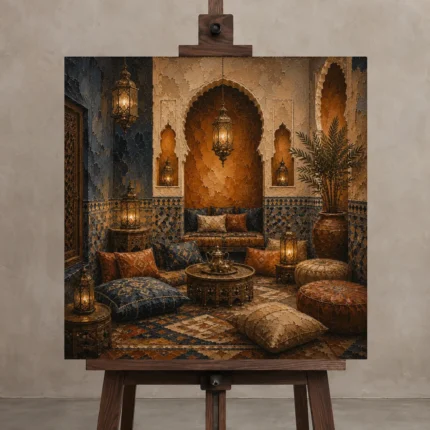Indigo, Sand & Bronze Moroccan Salon Wall Art Canvas Print shown in Studio Easel