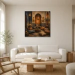 Indigo, Sand & Bronze Moroccan Salon Wall Art Canvas Print styled in a refined neutral interior