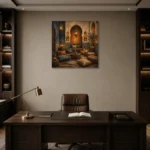 Indigo, Sand & Bronze Moroccan Salon Wall Art Canvas Print displayed in a contemporary gallery-inspired room