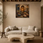 Indigo, Sand & Bronze Moroccan Salon Wall Art Canvas Print presented in a sophisticated home setting