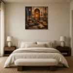 Indigo, Sand & Bronze Moroccan Salon Wall Art Canvas Print showcased in an elegant minimalist interior