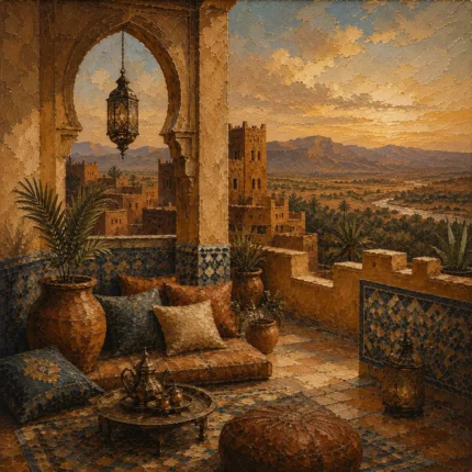 Terracotta, Sand & Faded Indigo Kasbah Moroccan Wall Art Canvas Print
