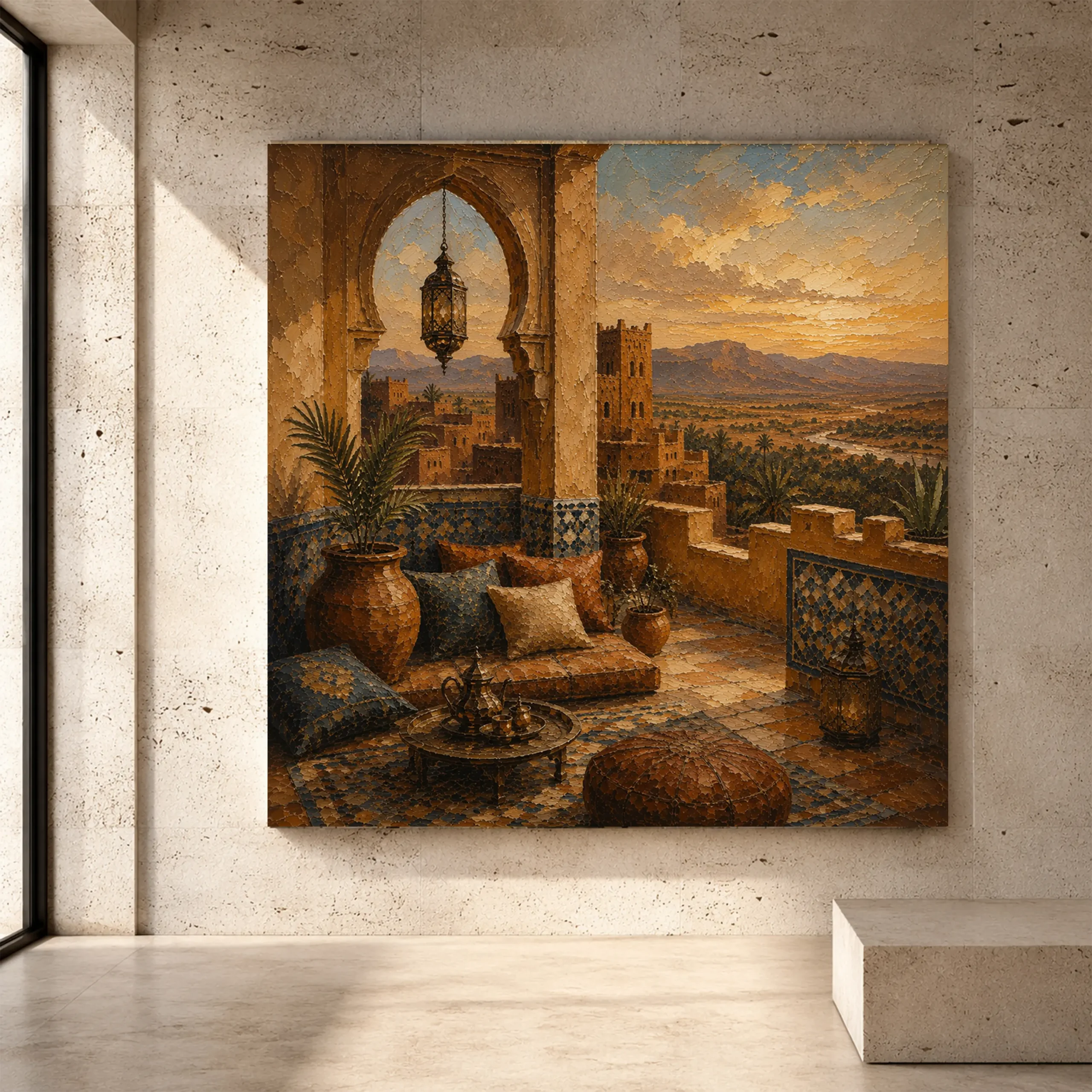 Premium Wall Art Kare Html Edition – ETNİCART033 Image 1 Terracotta, sand and faded indigo Moroccan Wall Art print for elegant interiors. No text or watermarks in design.