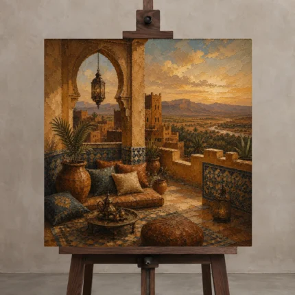 Terracotta, Sand & Faded Indigo Kasbah Moroccan Wall Art Canvas Print displayed on a studio easel