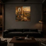 Terracotta, Sand & Faded Indigo Kasbah Moroccan Wall Art Canvas Print shown in a warm modern interior