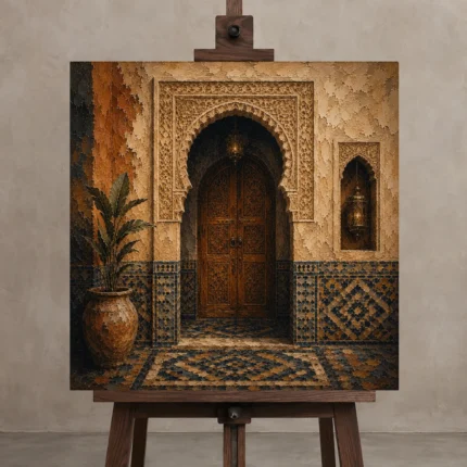 Sand, Indigo & Gold Moroccan Doorway Wall Art Canvas Print displayed on a studio easel