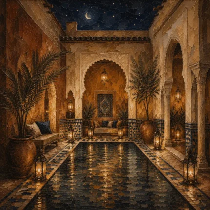 Deep Indigo, Sand & Copper Riad Moroccan Wall Art Canvas Print