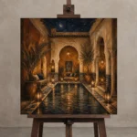 Deep Indigo, Sand & Copper Riad Moroccan Wall Art Canvas Print displayed on a studio easel