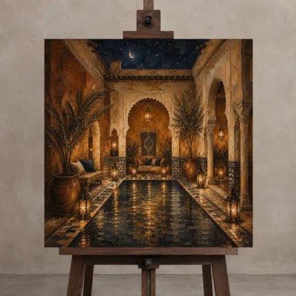 Deep Indigo, Sand & Copper Riad Moroccan Wall Art Canvas Print shown in Studio Easel