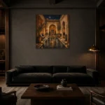 Deep Indigo, Sand & Copper Riad Moroccan Wall Art Canvas Print shown in a warm modern interior