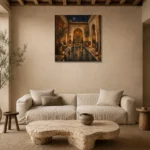 Deep Indigo, Sand & Copper Riad Moroccan Wall Art Canvas Print presented in a sophisticated home setting