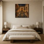 Deep Indigo, Sand & Copper Riad Moroccan Wall Art Canvas Print showcased in an elegant minimalist interior