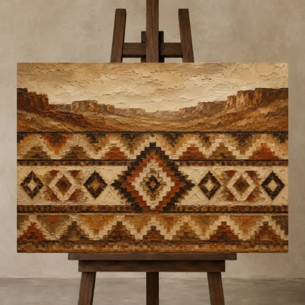 Umber & Clay Native Pattern Ethnic Wall Art Canvas Print displayed on a studio easel