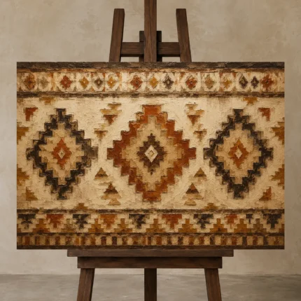 Rust & Ochre Native Pattern Ethnic Wall Art Canvas Print displayed on a studio easel