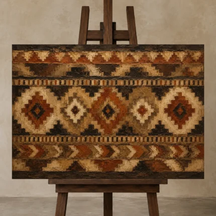 Umber & Charcoal Native Pattern Ethnic Wall Art Canvas Print displayed on a studio easel